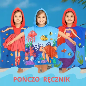 PLÁŽOVÉ PONČO PRO DĚTI S KAPUCÍ 60 X 90 CM BAZÉNOVÁ OSUŠKA