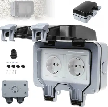 Elektrická zásuvka Dvojitá elektrická zásuvka šedá vodotěsná nástěnná