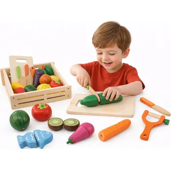 Dřevěná hračka DŘEVĚNÉ OVOCE A ZELENINA K KRÁJENÍ + BEDÝNKA A PŘÍBORY PRO DĚTI