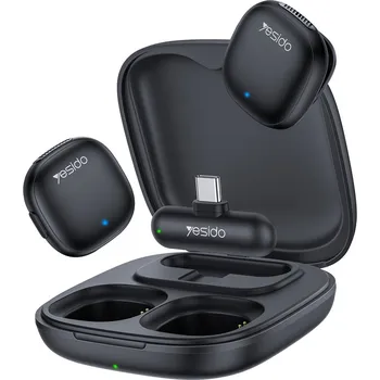 Datové redukce Yesido - (2 balení) Bezdrátové lavalierové mikrofony (KR21) - přijímač 3v1, Type-C, AI redukce šumu, 98dB SNR, 2,4GHz - černá barva