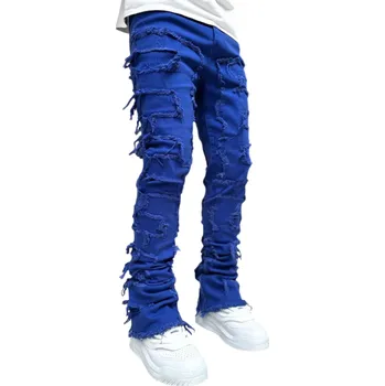 Pánské džíny Pánské roztrhané jednobarevné džíny s kapsami, džínovina, moderní styl pro každodenní nošení tmavě modrá XS