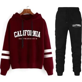 Dámská mikina Dámská souprava s nápisy California, tepláky, mikina s kapucí, polyester vínová S