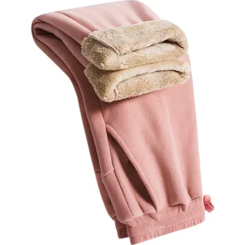 Dámské tepláky s kožíškem uvnitř na tkaničku Polyester Spandex Jednobarevné, pohodlné, teplé, vhodné na zimu růžová M