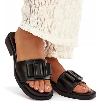 Dámské pantofle NAZOUVÁKY DÁMSKÉ Z EKOKŮŽE S PLOCHÝM PODPATKEM PŘEZKA LEHKÉ POHODLNÉ ČERNÉ 38