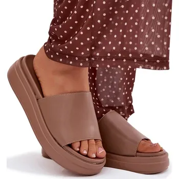 Dámské pantofle NAZOUVÁKY DÁMSKÉ KLASICKÉ JEDNOBAREVNÉ NA PLATFORMĚ POHODLNÉ TMAVĚ BÉŽOVÉ VELIKOST 41