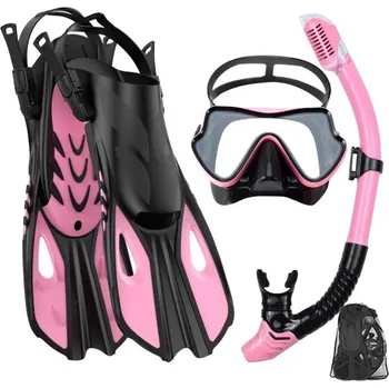 Vodní sport Šnorchlovací set L/XL Plavecké ploutve 42-47 18 x 41,5 cm Potápěčská maska a dýchací šnorchl Výbava pro rekreační plavání a objevování pod vodou růžová