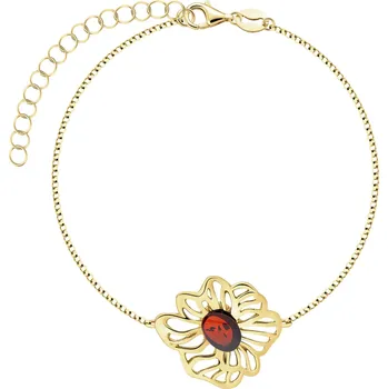 Náramek Pozlacený stříbrný náramek s jantarem - květ - AP543-9028