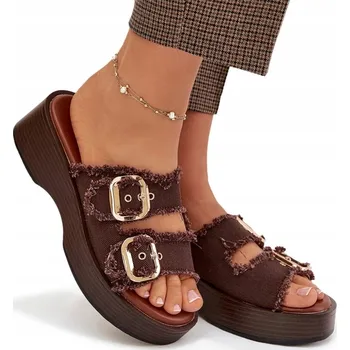 Dámské pantofle NAZOUVÁKY SE ZLATÝMI SPONAMI NA PLATFORMĚ ČOKOLÁDOVÉ, VELIKOST 39