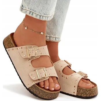 Dámské pantofle NAZOUVÁKY DÁMSKÉ EKO SEMIŠ KORKOVÁ PLATFORMA ZLATÉ KLAMY CVOČKY SVĚTLE BÉŽOVÁ 38