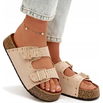 Dámské pantofle NAZOUVÁKY DÁMSKÉ EKO SEMIŠ KORKOVÁ PLATFORMA ZLATÉ KLAMY CVOČKY SVĚTLE BÉŽOVÁ 36