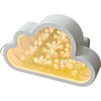 Noční světlo DIY světlo tulipánky ve schránce obláček 22 x 13,5 x 5 cm Noční LED osvětlení se zrcadlovým efektem Kreativní dekorace k vlastnímu složení růžová