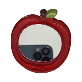 Selfie tyč Držák na telefon jablko se zrcátkem pro iPhone 16 Plastový dekorativní stojánek na mobil s funkcí zrcátka červená