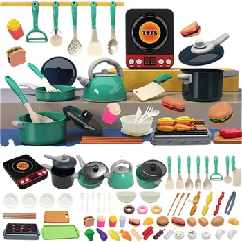 Dětská kuchyňka 69 ks Zelená dětská kuchyňská sada Kuchyňské náčiní a potraviny Plastová hračka do dětské kuchyňky Kompletní sada kuchyňských potřeb