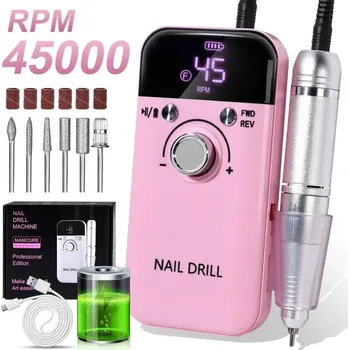 Bruska na nehty Profesionální 45000RPM elektrická přenosná bruska na nehty 15 x 14 x 7,1 cm Ultra tichá bez vibrací USB-C nabíjení LCD displej růžová