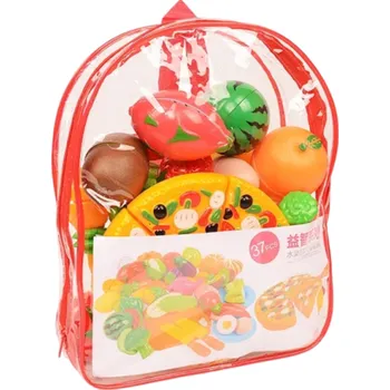 Dětská kuchyňka Sada 37 kuchyňských hraček pro děti s ovocem, zeleninou, dalšími potravinami, 6 plátky pizzy, nákupním batohem 23 x 8 x 29 cm, 2 nože, oboustranným prkýnkem a 2 talíři