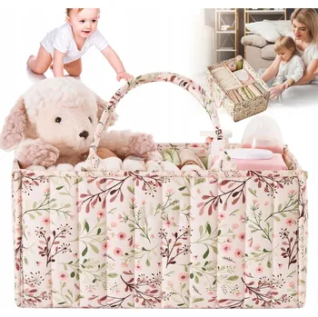 Úložný box TEXTILNÍ ÚLOŽNÝ BOX S PŘIHRÁDKAMI NA HRAČKY KOSMETIKU BÉŽOVÝ S KVĚTINAMI