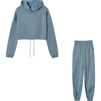 Dámská mikina Dámská souprava jednobarevná, tepláky a crop top mikina s kapucí, polyester modrá M