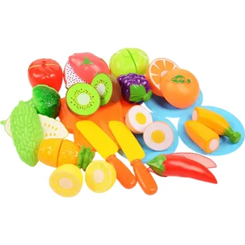 Dětská kuchyňka Sada 20 kuchyňských hraček pro děti s ovocem, zeleninou, dalšími potravinami, 2 noži, oboustranným prkýnkem a 3 talíři, plastové příslušenství