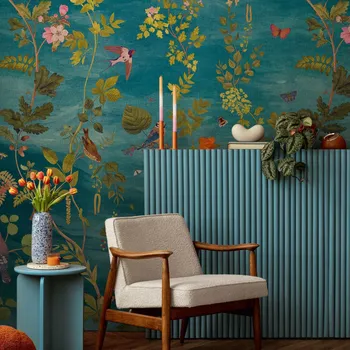 Fototapeta FOTOTAPETA BEZ SKLÁDÁNÍ VZORU BAREVNÁ ZAHRADA KVĚTINY LISTY PTÁCI NA VLIESOVÉM PODKLADU