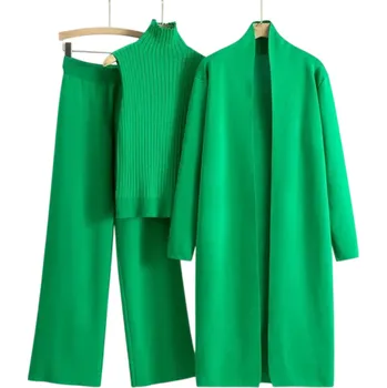 Dámská společenská souprava kalhoty, tílko s rolákem a výstřihem do O, dlouhý kabát, univerzální velikost, jednobarevné, polyester, viskóza zelená