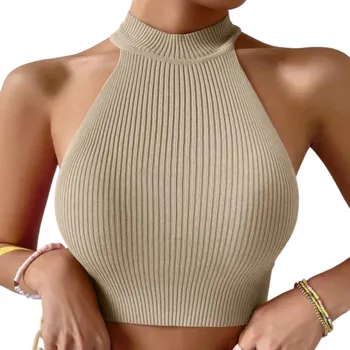 Dámské tílko Béžové Crop top Univerzální velikost Široká ramínka kolem krku Výstřih do O Rolák Polyester spandex