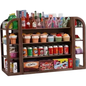 Dětská kuchyňka Tmavě hnědý regál 4 police Mini supermarket s 30 ks potravin a pití Simulační dětská hračka Obchodní stojan pro hraní na prodavače