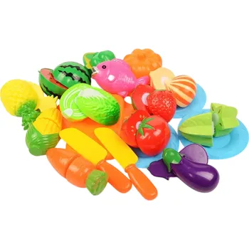 Dětská kuchyňka Sada 20 kuchyňských hraček pro děti s ovocem, zeleninou, rybou, 2 noži, oboustranným prkýnkem a 3 talíři, plast