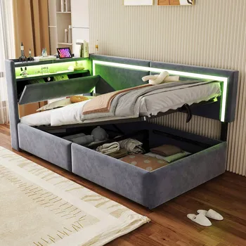 Postel Čalouněná postel rozkládací pohovka Hydraulika LED USB 90x200 CM Polička šedá