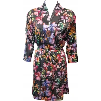 Dámský župan SATÉNOVÝ DÁMSKÝ ŽUPAN KUBA ČERNÝ S VZOREM LISTŮ S