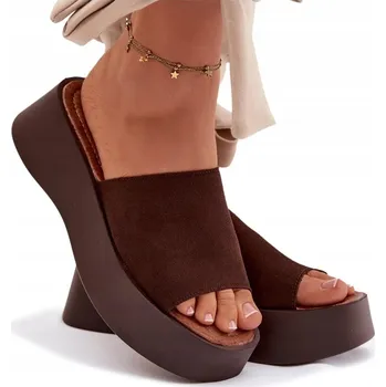 Dámské pantofle NAZOUVÁKY DÁMSKÉ NA PLATFORMĚ EKO SEMIŠOVÉ PÁSEK ČOKOLÁDOVÉ 41