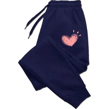 Dámské tepláky Jednobarevné s potiskem srdíček na bocích Na tkaničku Materiál polyester Pohodlné volnočasové kalhoty modrá XS