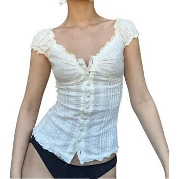 Dámské tílko Bílé jednobarevné s krajkami Na knoflíky Široká ramínka Výstřih do V Materiál polyester bavlna Elegantní top S