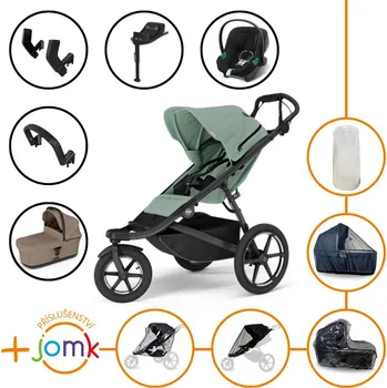 Kočárek Set 11v1 Thule Urban Glide 3 Mist green s magnetickou sponou + madlo + korbička Tinted Taupe + JOMK příslušenství + autosedačka Cybex s ISOFIX základnou a adaptéry Thule