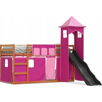 Postel Dřevěná patrová postel se skluzavkou, voskovaný hnědý odstín, 205,5 x 97,5 x 113 cm