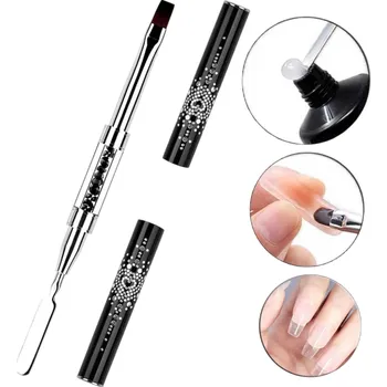 Oboustranné pero na nehty s štětečkem na akryl a gel, zatlačovač kůžičky, černé pouzdro s kamínky