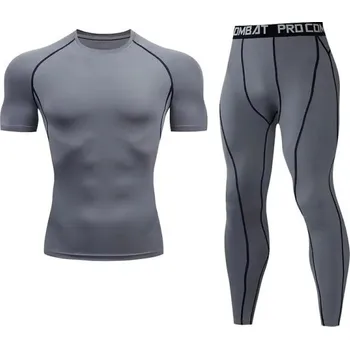 Pánské kalhoty Pánská souprava legíny a triko s krátkým rukávem, výstřih do O, polyester šedá XXS