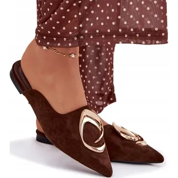 Dámské pantofle NAZOUVÁKY DÁMSKÉ MULE EKO SEMIŠOVÉ VELKÝ ZLATÝ DETAIL NÍZKÝ PODPATEK HNĚDÉ 40