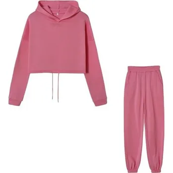 Dámská mikina Dámská souprava jednobarevná, tepláky a crop top mikina s kapucí, polyester růžová L