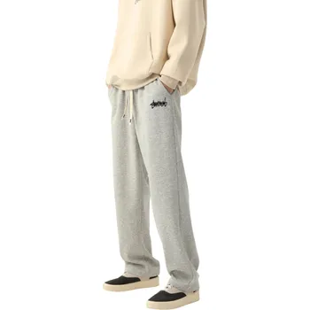 Pánské tepláky jednobarevné s potiskem na boku na tkaničku s kapsami polyester Pohodlné pro volný čas a sportovní aktivity šedá M