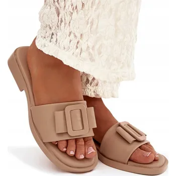 Dámské pantofle NAZOUVÁKY DÁMSKÉ Z EKO KŮŽE S PLOCHÝM PODPATKEM PŘEZKA LEHKÉ POHODLNÉ BÉŽOVÉ 37