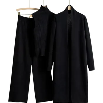 Dámská společenská souprava kalhoty, tílko s rolákem a výstřihem do O, dlouhý kabát, univerzální velikost, jednobarevné, polyester, viskóza černá