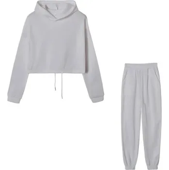 Dámská mikina Dámská souprava jednobarevná, tepláky a crop top mikina s kapucí, polyester bílá M