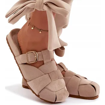 Dámské pantofle NAZOUVÁKY DÁMSKÉ MULE EKO SEMIŠOVÉ S PÁSKY A ZLATOU PŘEZKOU BÉŽOVÉ 37