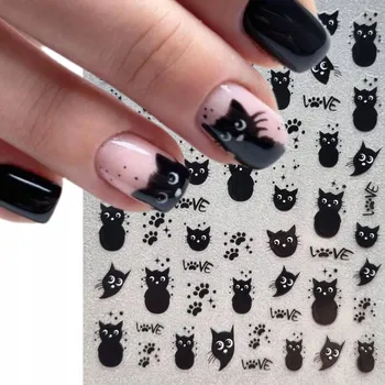 samolepka SAMOLEPKY NA NEHTY OZDOBNÉ KOČKY ČERNÉ LOVE VALENTÝNSKÉ