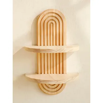 Dřevěná nástěnná police Boho styl s 2 policemi pro dekorace a rostliny na stěnu světle hnědá