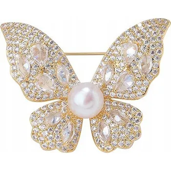Brož Elegantní brož MOTÝL s perlou - zlatá barva, křišťály