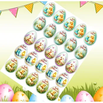 Jedlá dekorace na dort Velikonoční zvířátka s nápisem Veselé Velikonoce – jedlá dekorace, vajíčka 5 cm (25 ks) Fondánový list (NEVYŘEZÁNO)