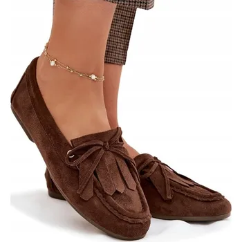 Dámské mokasíny Dámské mokasíny z eko semiše, ploché, s třásněmi a vázáním, čokoládové barvy, velikost 40