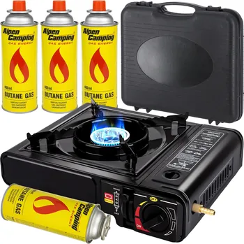 Turistický vařič TURISTICKÝ PLYNOVÝ VAŘIČ PŘENOSNÝ POLNÍ VAŘIČ KUFŘÍK + 4 PLYNOVÉ NÁPLNĚ