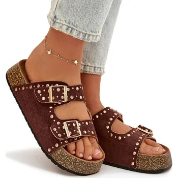 Dámské pantofle Dámské NAZOUVÁKY z Eko Semiše s Korkovou Platformou, Zlaté Přezky a Cvočky, Hnědé, Velikost 40